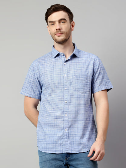 Cantabil Cotton Checkered Blue Half Sleeve Regular Fit Casual Shirt for Men with Pocket (7114312089739)