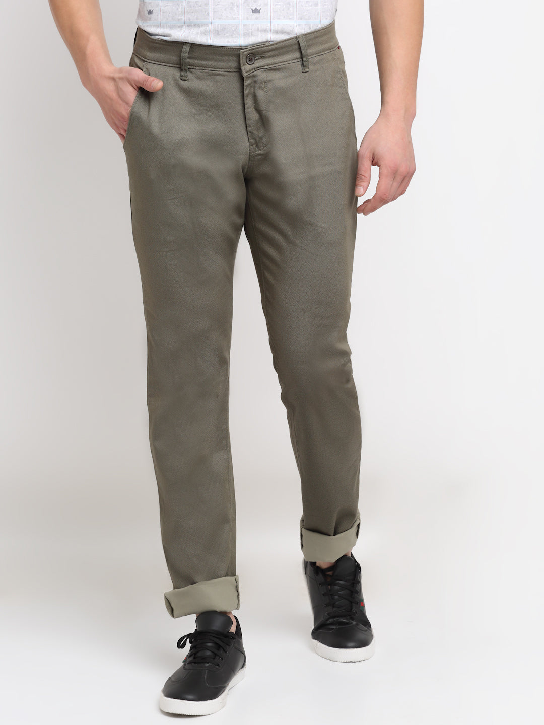 Cantabil Men Olive Cotton Blend Solid Regular Fit Casual Trouser (6729650274443)