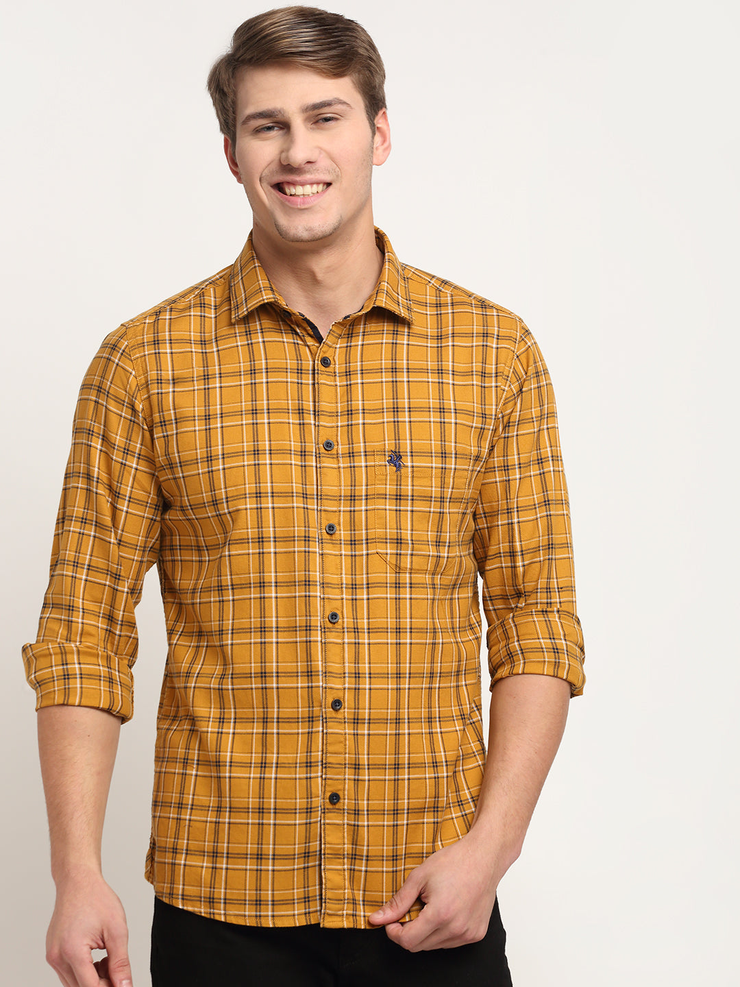 Cantabil Cotton Checkered Mustard Full Sleeve Casual Shirt for Men with Pocket (6722413166731)