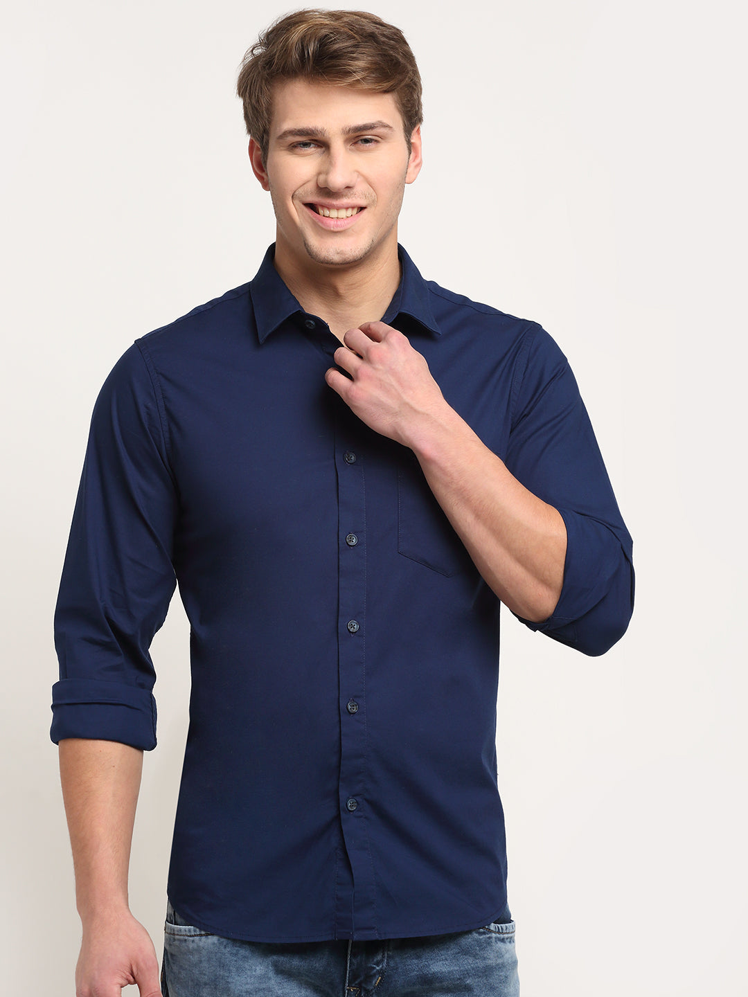 Cantabil Cotton Blend Solid Blue Full Sleeve Casual Shirt for Men with Pocket (6722466250891)