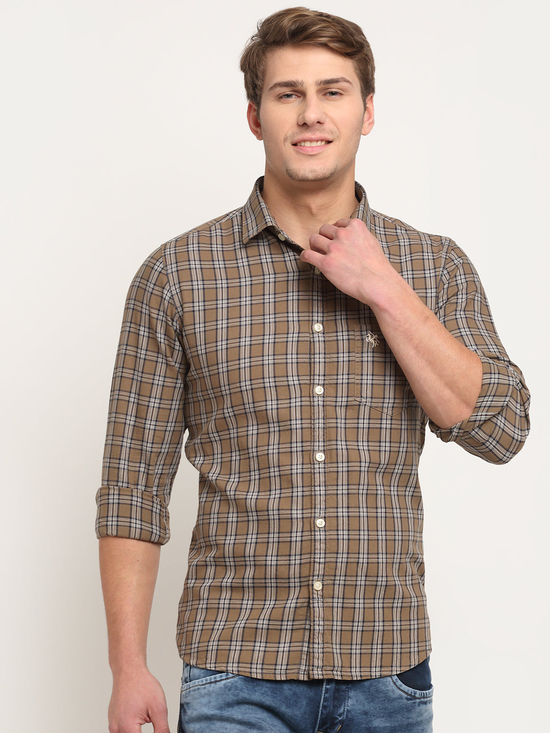 Cantabil Men Cotton Checkered Brown Full Sleeve Casual Shirt for Men with Pocket (6718234558603)