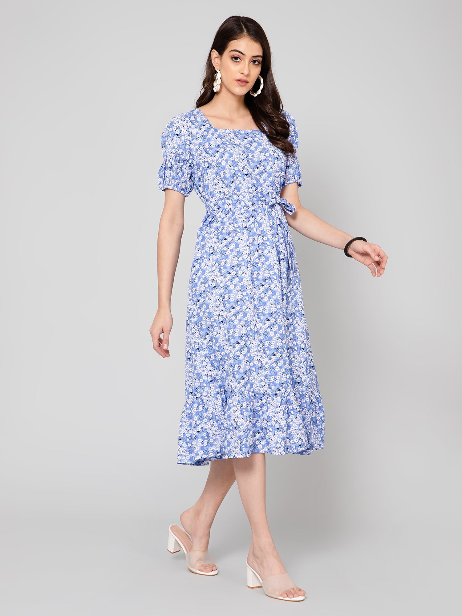 Women's Casual Square neck Blue Ditsy Floral Print Fit & Flared Dress Cantabil Women's Casual Square neck Blue Ditsy Floral Print Fit & Flared Dress Cantabil