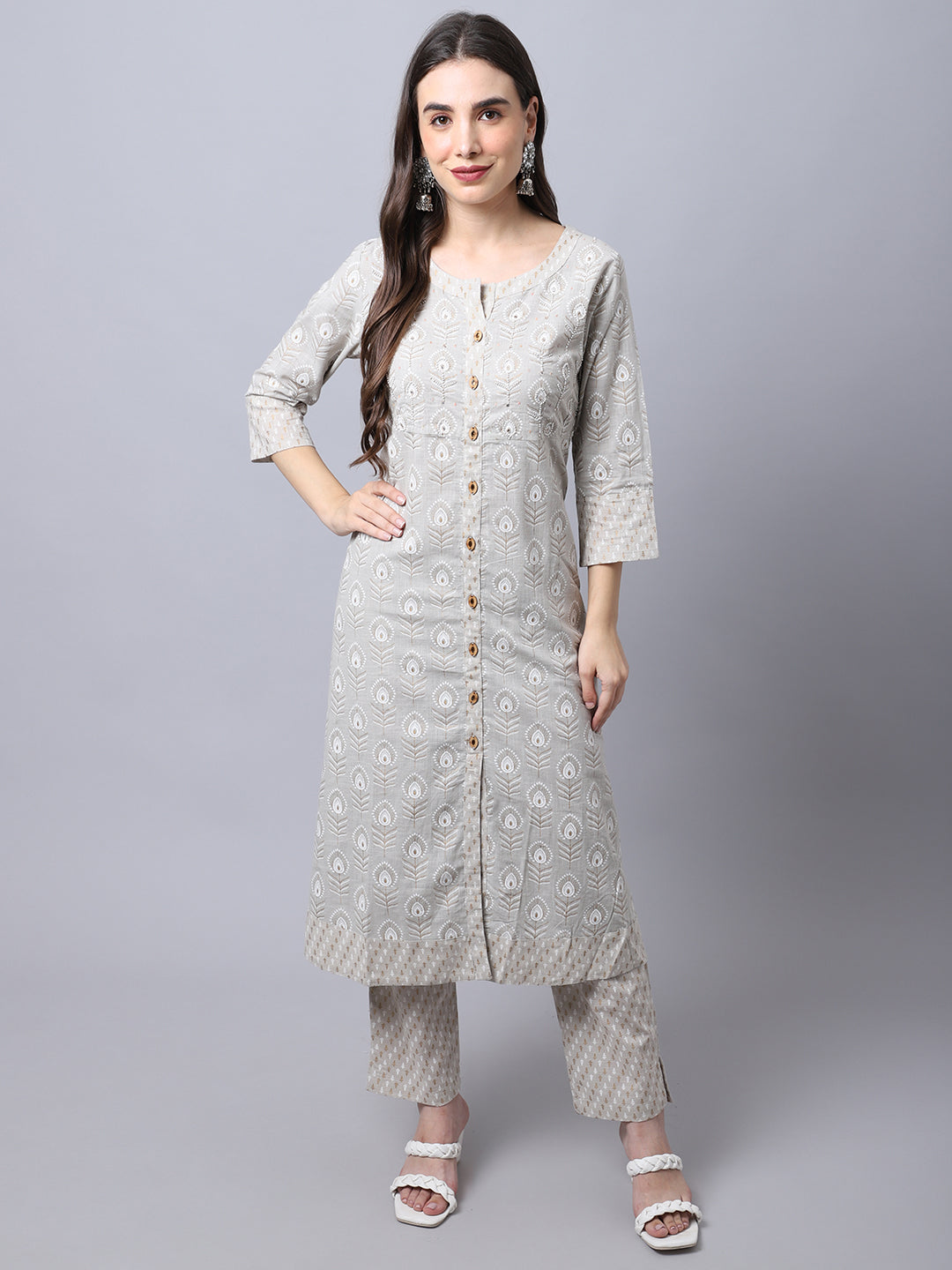 Cantabil Women's Cream Printed (Embellished) Kurti Pant Set (6996215070859)