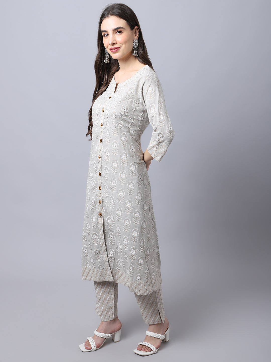 Cantabil Women's Cream Printed (Embellished) Kurti Pant Set (6996215070859)