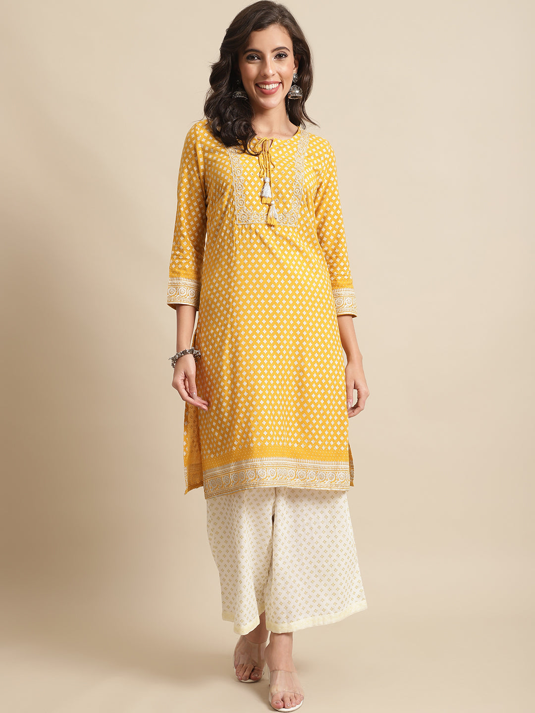 Cantabil Womens Mustard Kurti Plazzo Set (7066458488971)