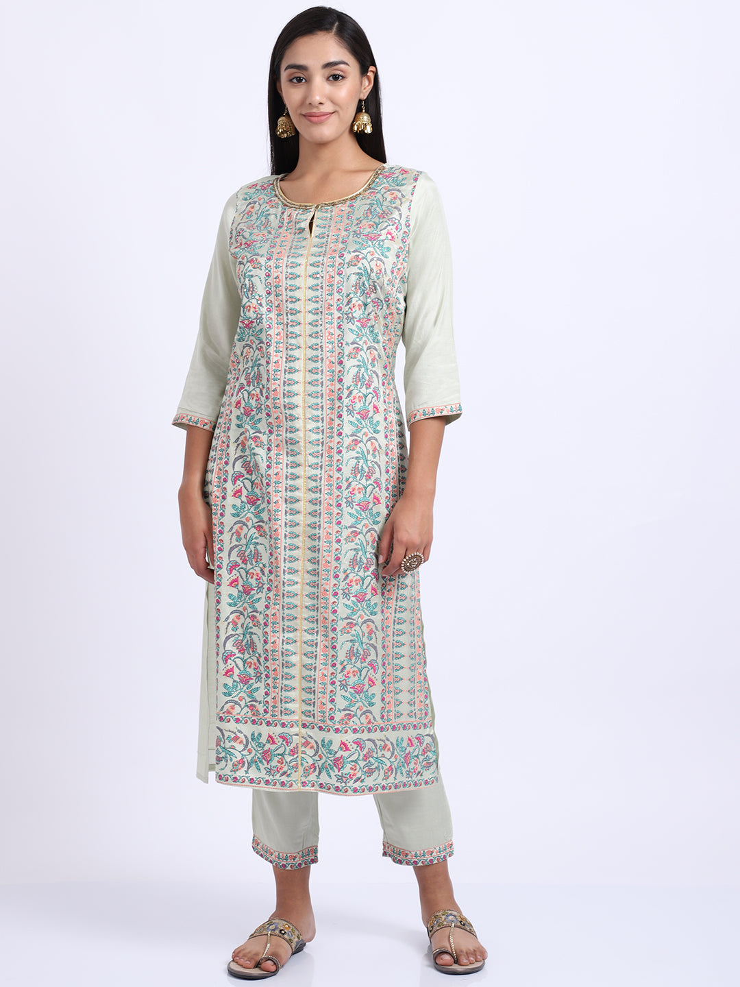 Cantabil Women's Sea Green Printed Kurti Plazzo Set (6854303875211)