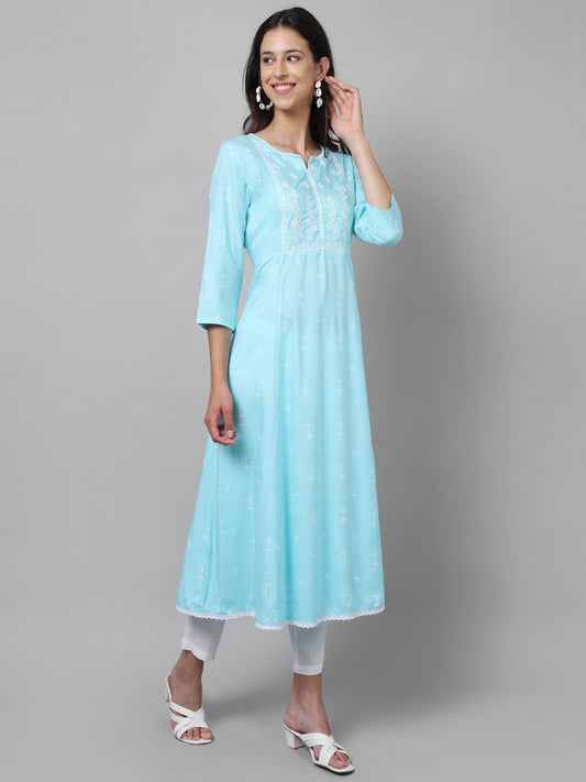 Cantabil Women Turquoise Kurti Plazzo Set (7033541165195)