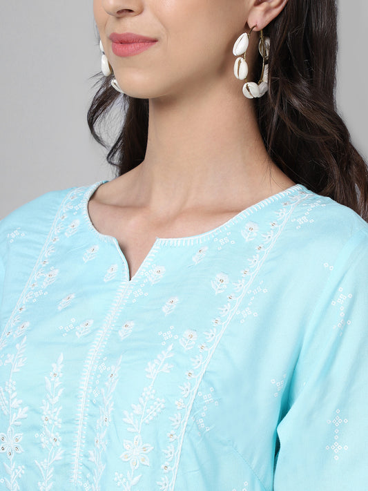 Cantabil Women Turquoise Kurti Plazzo Set (7033541165195)
