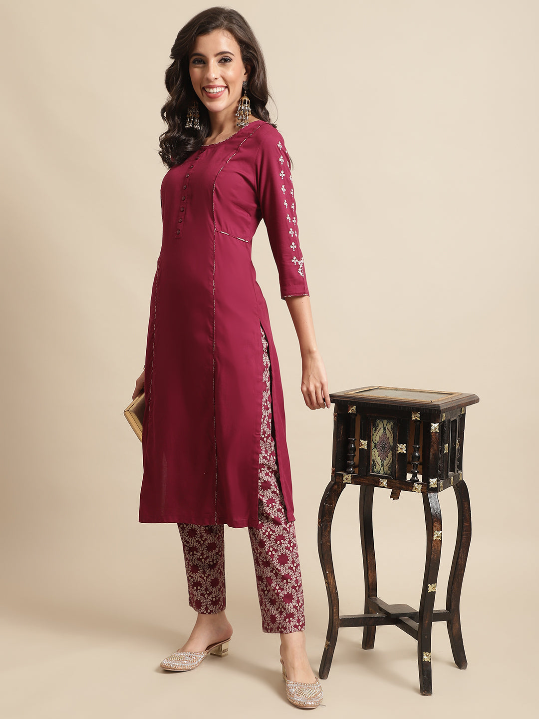 Cantabil Womens Wine Kurti Plazzo Set (7066512097419)