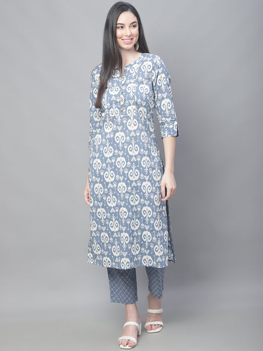 Cantabil Women Blue Print Kurti Plazzo Set (7114299408523)