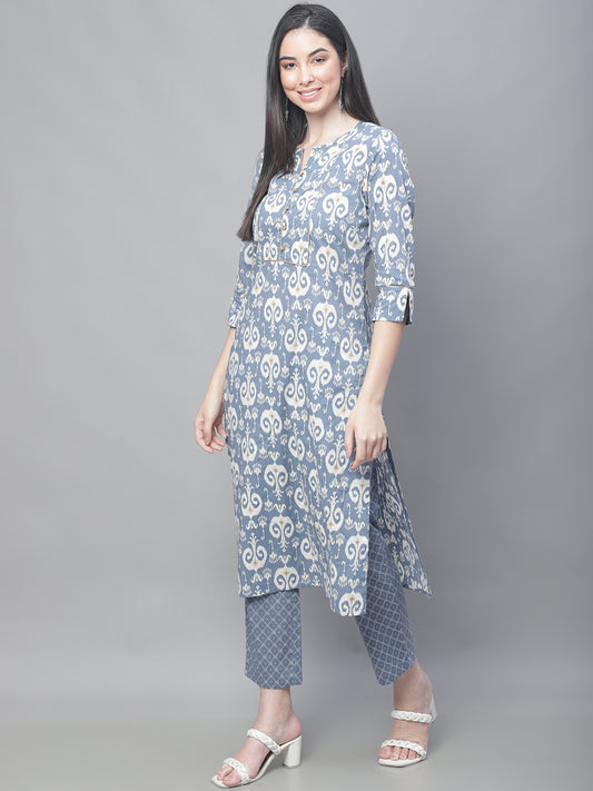 Cantabil Women Blue Print Kurti Plazzo Set (7114299408523)