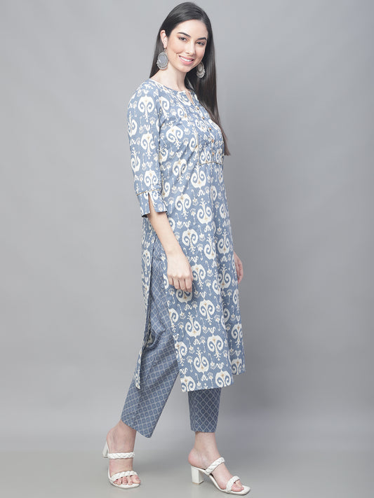 Cantabil Women Blue Print Kurti Plazzo Set (7114299408523)