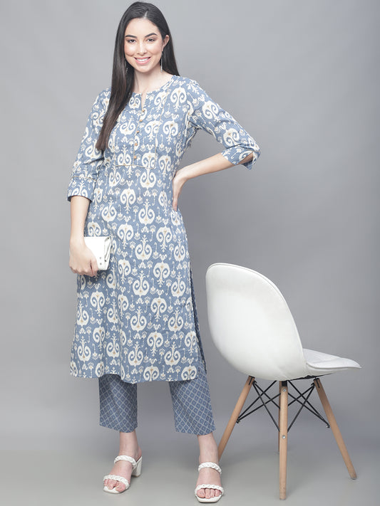 Cantabil Women Blue Print Kurti Plazzo Set (7114299408523)
