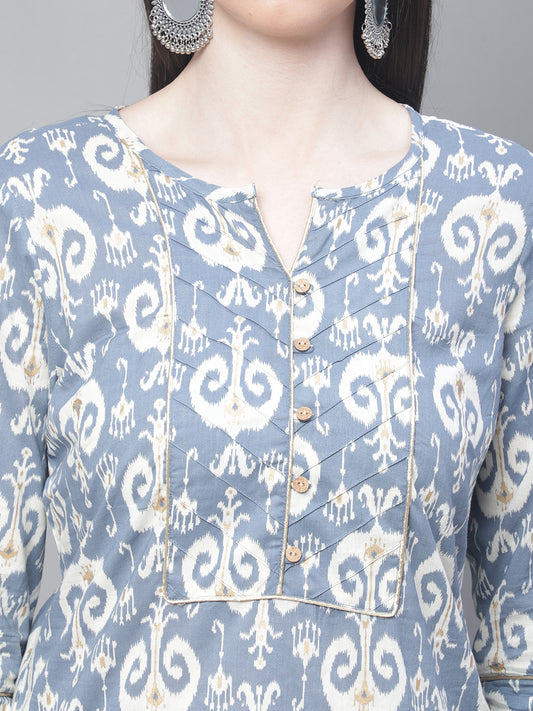 Cantabil Women Blue Print Kurti Plazzo Set (7114299408523)