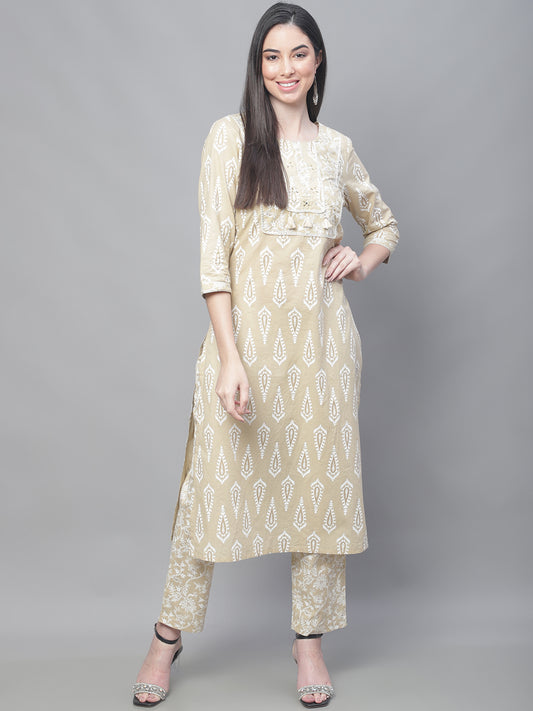 Cantabil Women Beige Kurti Plazzo Set (7114304618635)