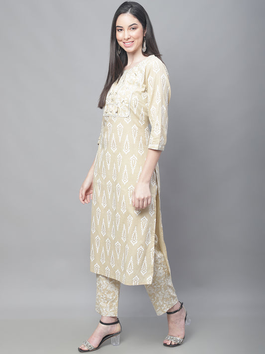 Cantabil Women Beige Kurti Plazzo Set (7114304618635)