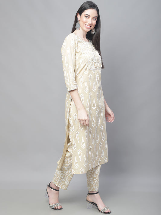 Cantabil Women Beige Kurti Plazzo Set (7114304618635)