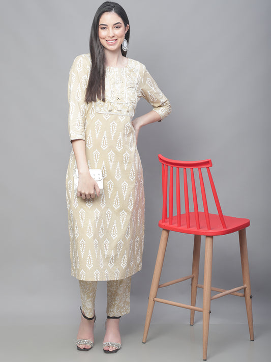 Cantabil Women Beige Kurti Plazzo Set (7114304618635)