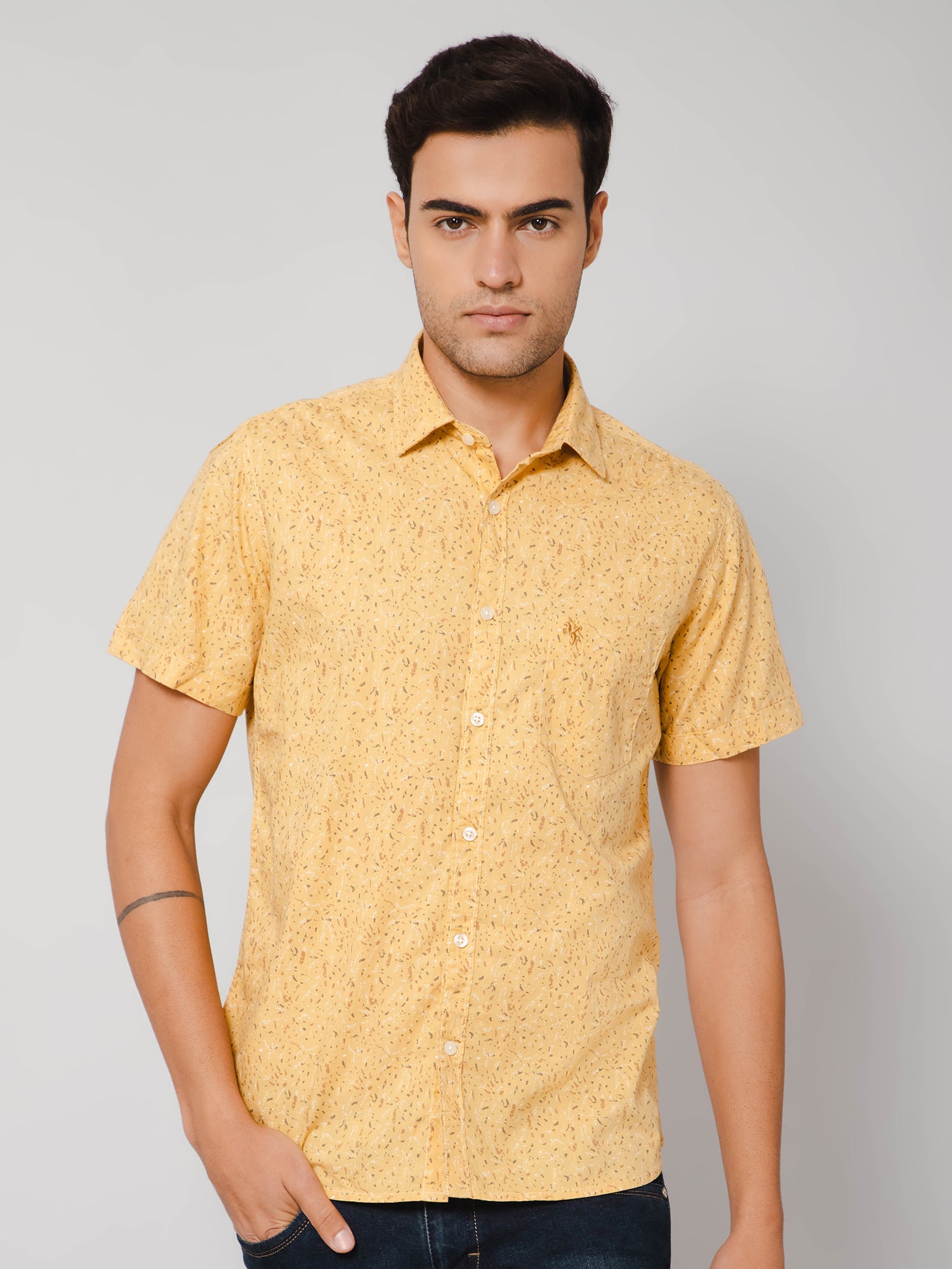 Cantabil Men Cotton Printed Mustard Half Sleeve Casual Shirt for Men with Pocket (7112563523723)