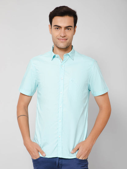 Cantabil Men Cotton Solid Turquoise Half Sleeve Casual Shirt for Men with Pocket (7112554610827)