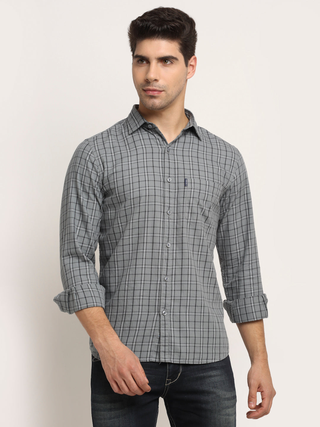 Cantabil Men Cotton Checkered Grey Full Sleeve Casual Shirt for Men with Pocket (6713125732491)