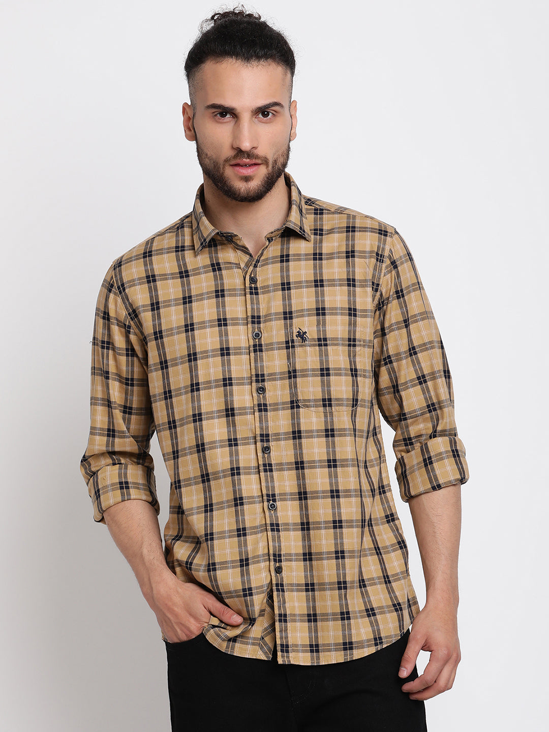 Cantabil Men Cotton Checkered Khaki Full Sleeve Casual Shirt for Men with Pocket (6767337767051)