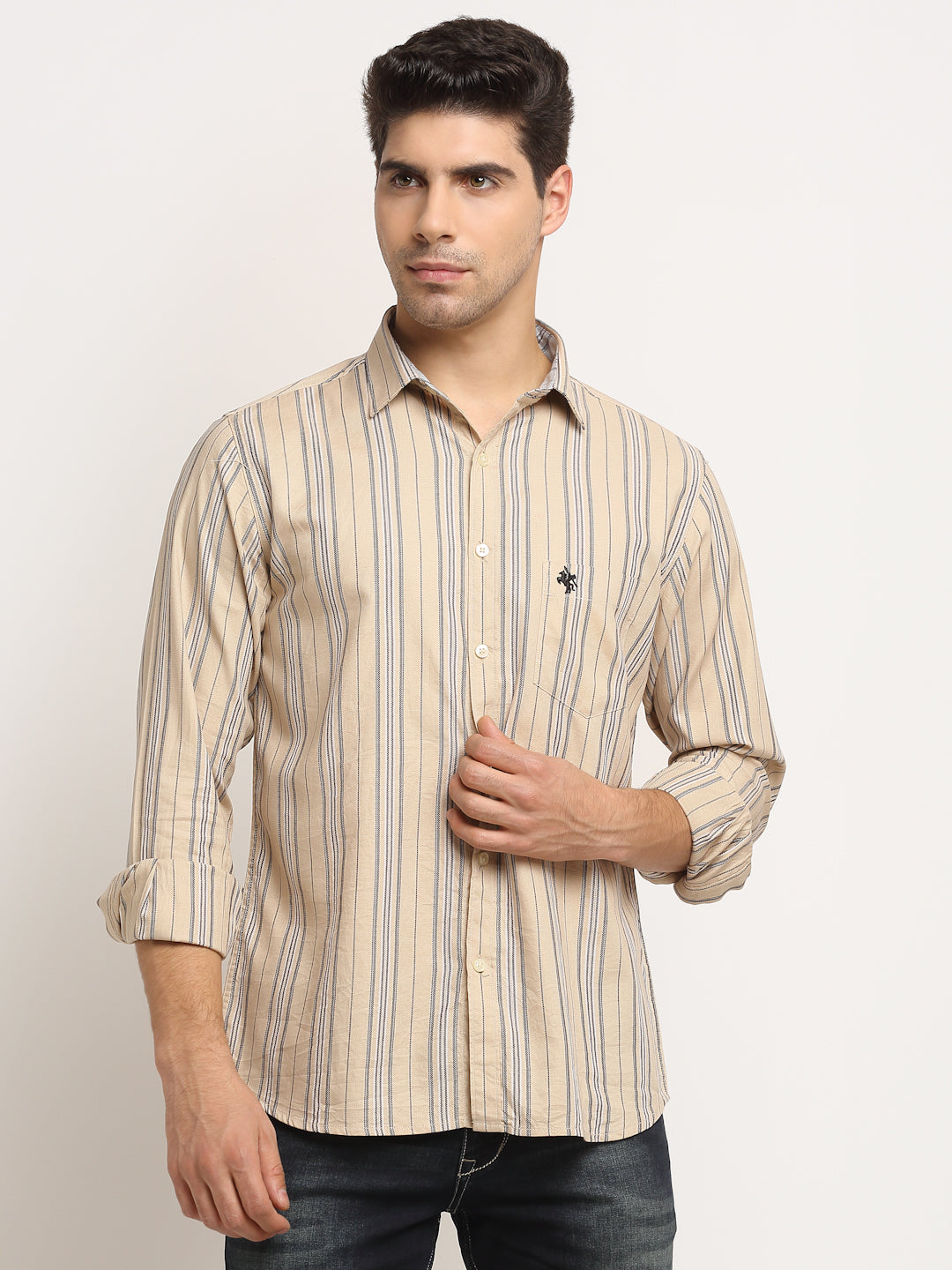 Cantabil Men Cotton Striped Beige Full Sleeve Casual Shirt for Men with Pocket (6713258967179)