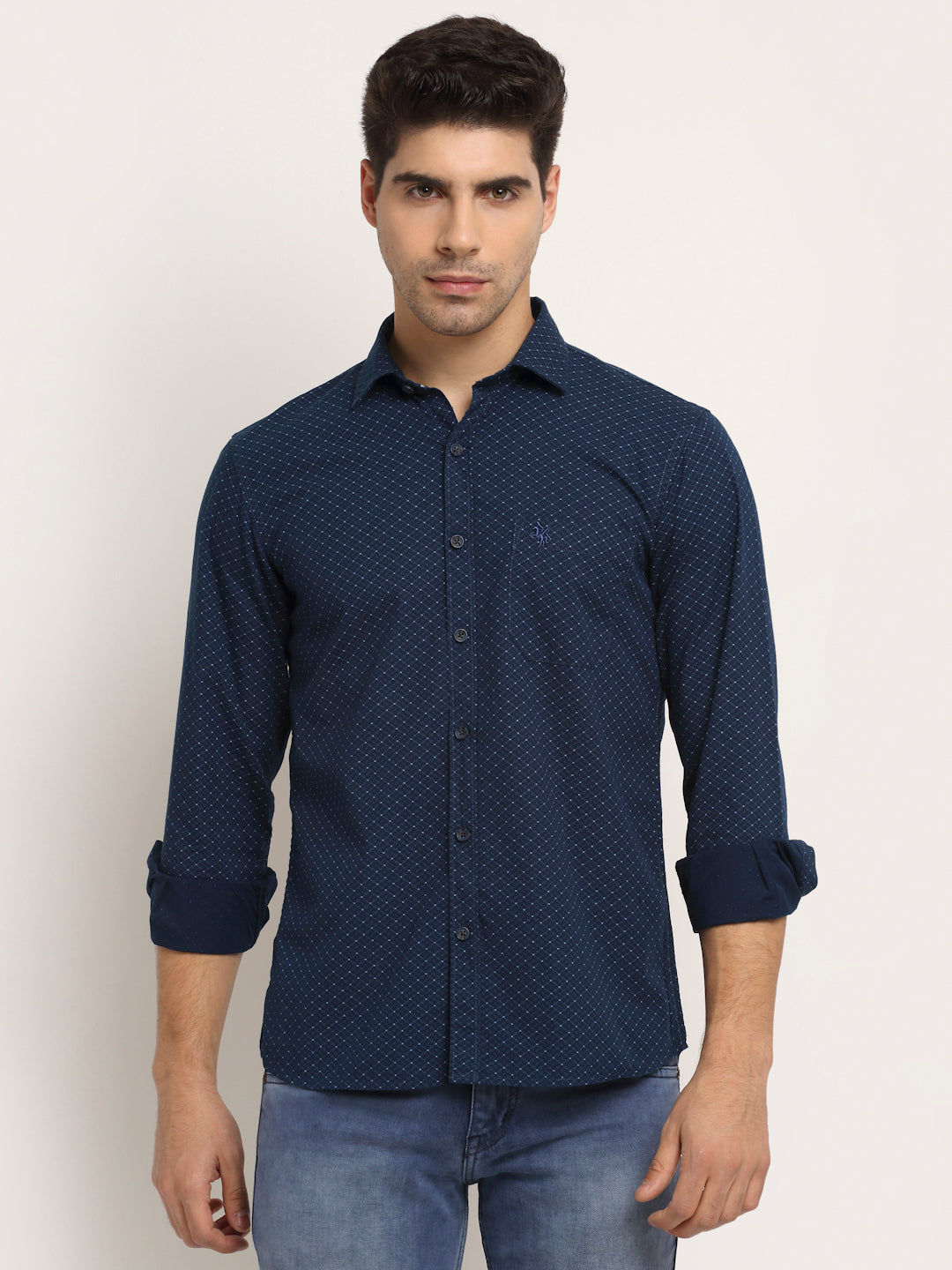 Cantabil Men Cotton Printed Navy Blue Full Sleeve Casual Shirt for Men with Pocket (6713274990731)