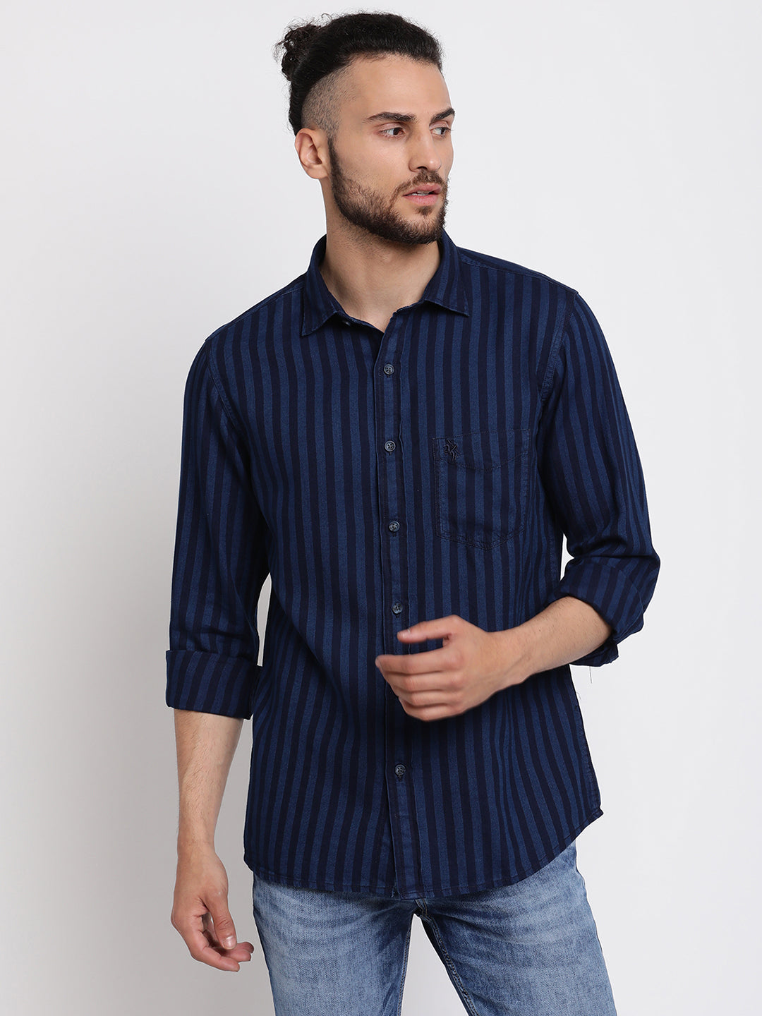 Cantabil Men Cotton Striped Blue Full Sleeve Casual Shirt for Men with Pocket (6767493906571)