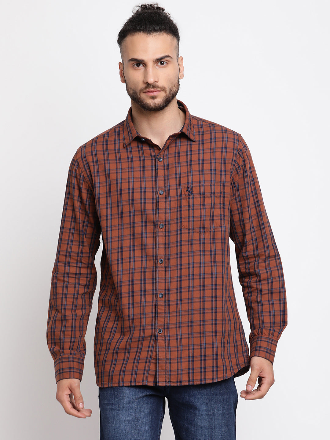 Cantabil Men Cotton Checkered Brown Full Sleeve Casual Shirt for Men with Pocket (6767514943627)