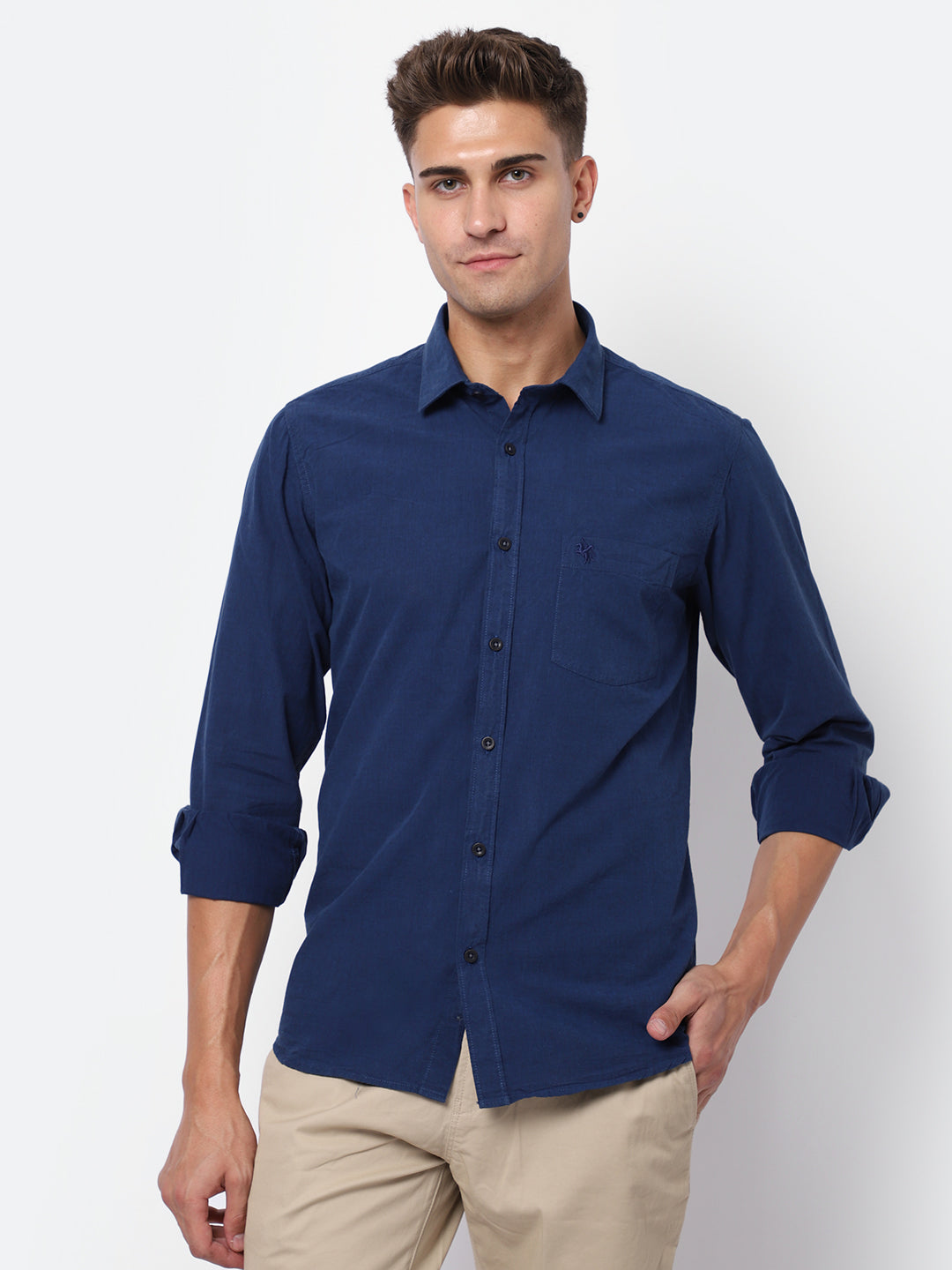 Cantabil Men Cotton Solid Navy Blue Full Sleeve Casual Shirt for Men with Pocket (6927906275467)