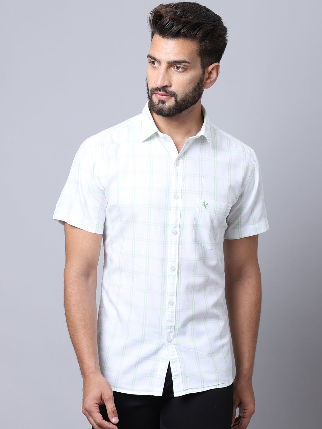 Cantabil Men Cotton Checkered Light Green Half Sleeve Casual Shirt for Men with Pocket (7002516258955)