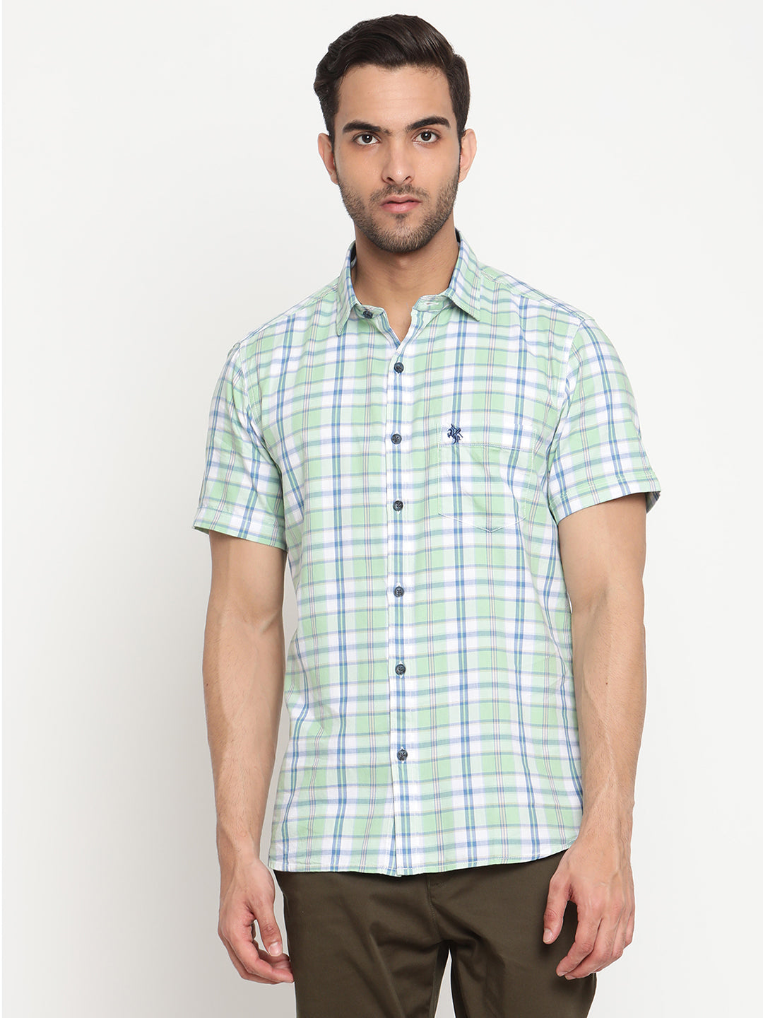 Cantabil Men Cotton Checkered Light Green Half Sleeve Casual Shirt for Men with Pocket (6793018671243)