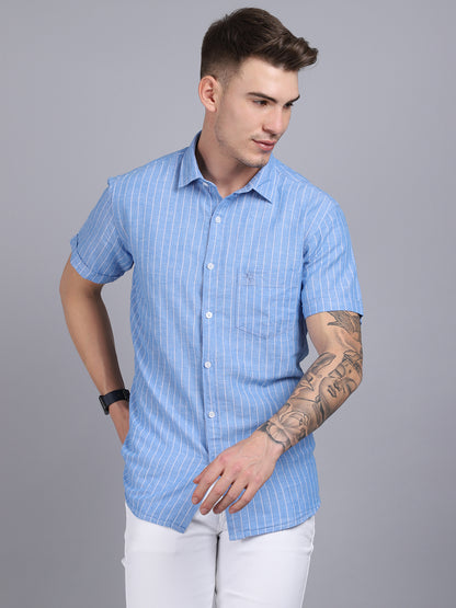 Cantabil Men Cotton Blend Striped Blue Half Sleeve Casual Shirt for Men with Pocket (6853576949899)