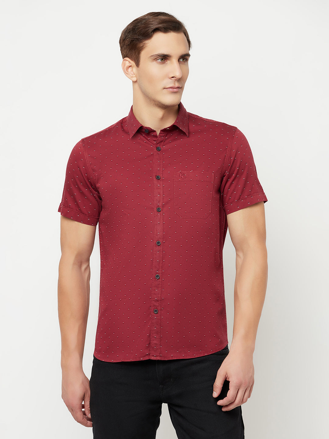 Cantabil Men Cotton Printed Maroon Half Sleeve Casual Shirt for Men with Pocket (6816147669131)