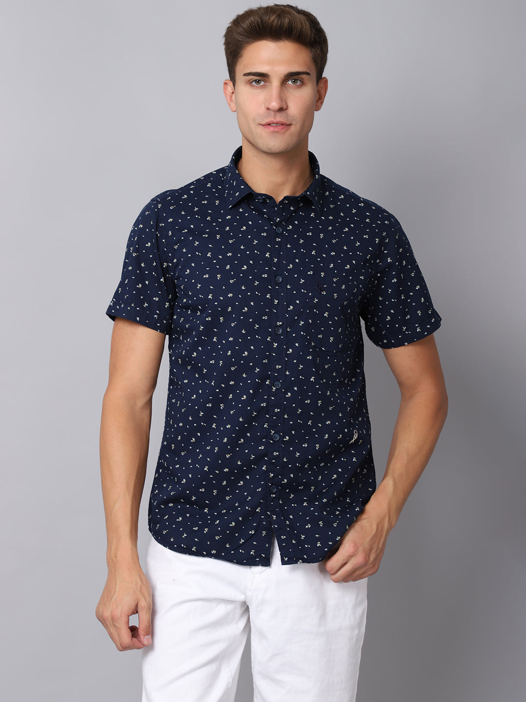 Cantabil Men Cotton Printed Navy Blue Half Sleeve Casual Shirt for Men with Pocket (6926738784395)