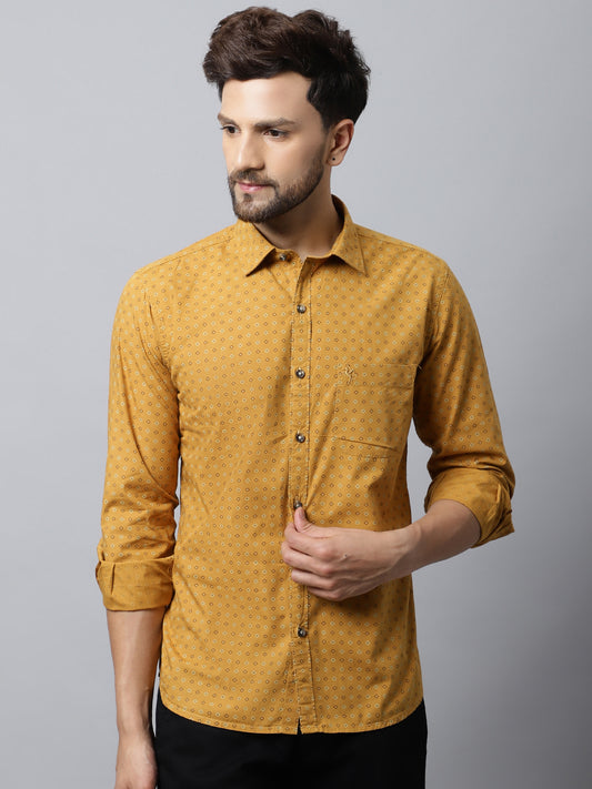 Cantabil Men Cotton Printed Full Sleeve Mustard Casual Shirt for Men with Pocket (7048380842123)