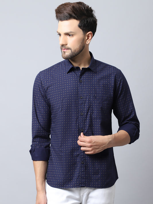 Cantabil Men Cotton Printed Full Sleeve Casual Navy Blue Shirt for Men with Pocket (7048381431947)