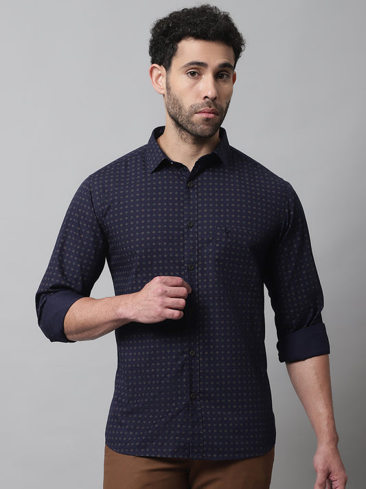 Cantabil Cotton Navy Blue Printed Full Sleeve Casual Shirt for Men with Pocket (7070443208843)