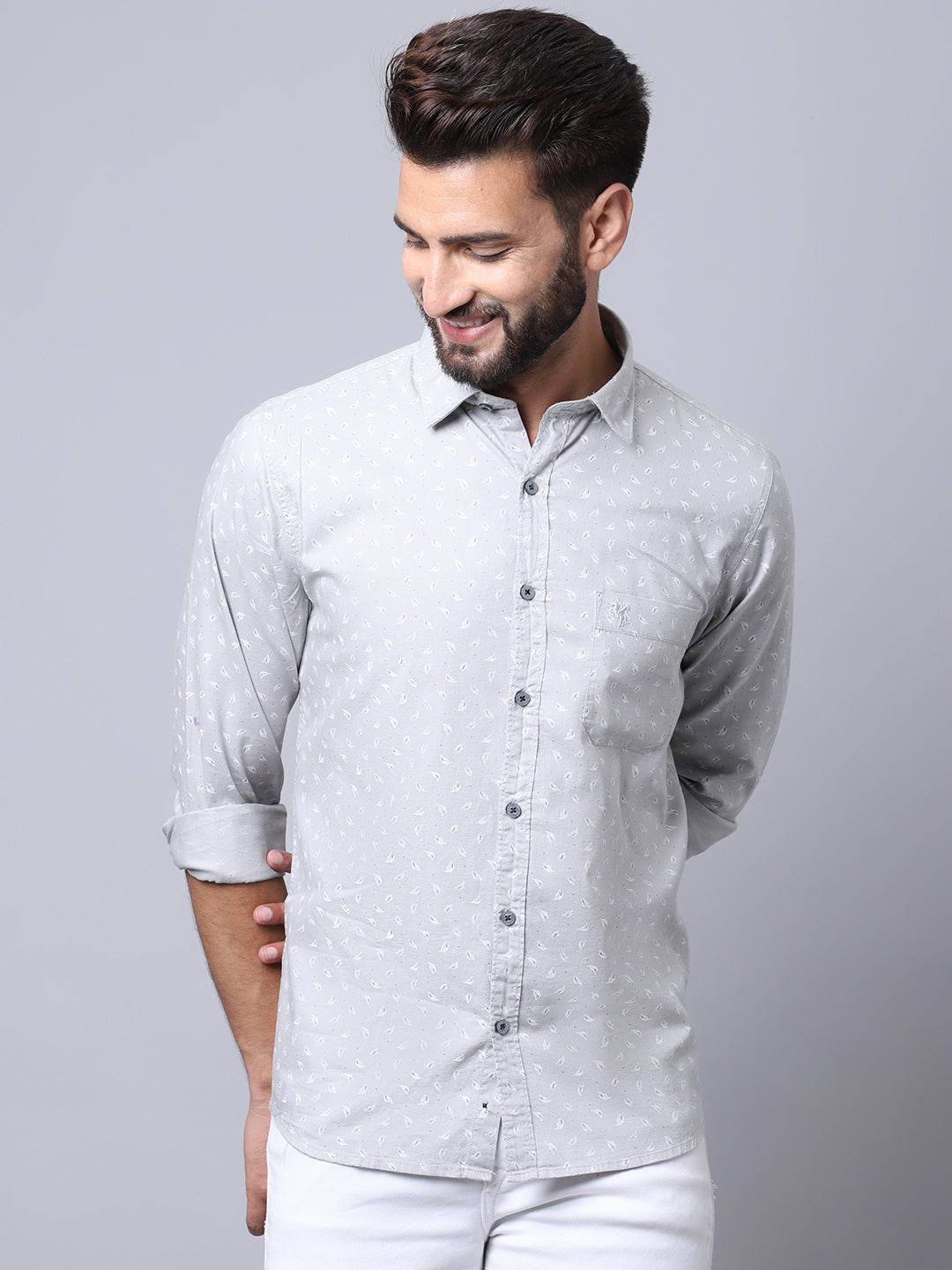 Cantabil Cotton Printed Grey Full Sleeve Casual Shirt for Men with Pocket (7002618232971)