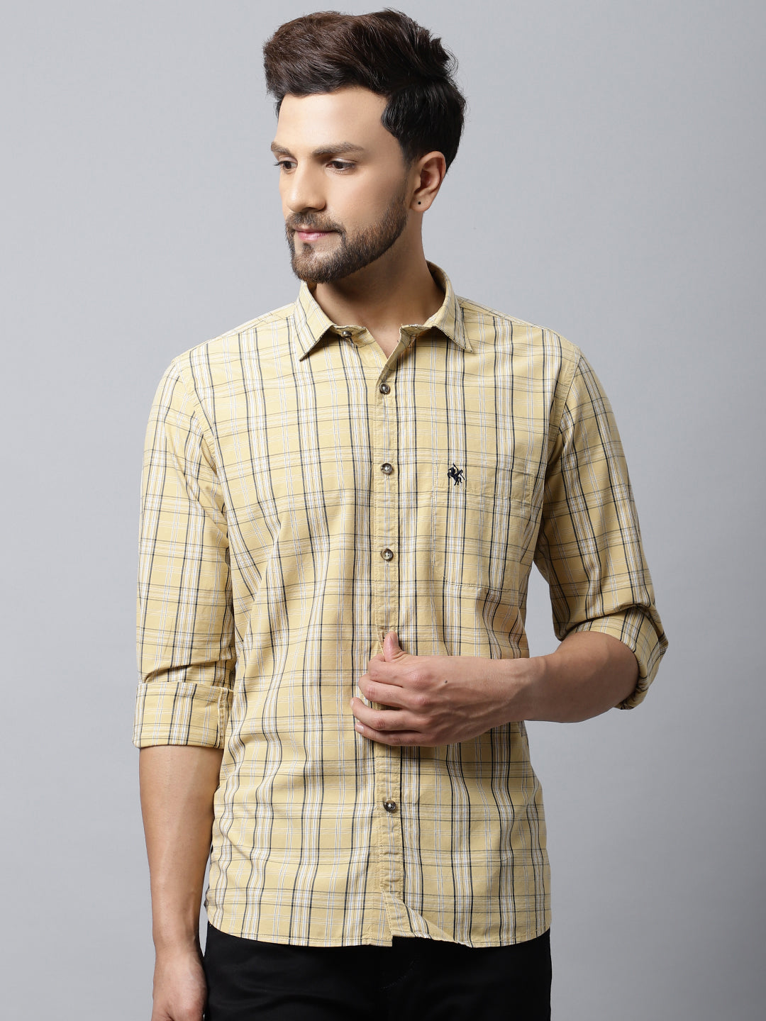 Cantabil Cotton Checkered Yellow Full Sleeve Casual Shirt for Men with Pocket (7048382611595)