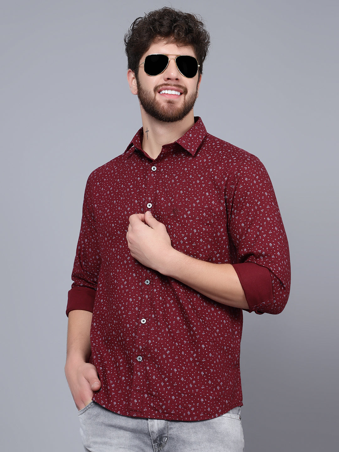 Cantabil Cotton Printed Maroon Full Sleeve Casual Shirt for Men with Pocket (7089879744651)