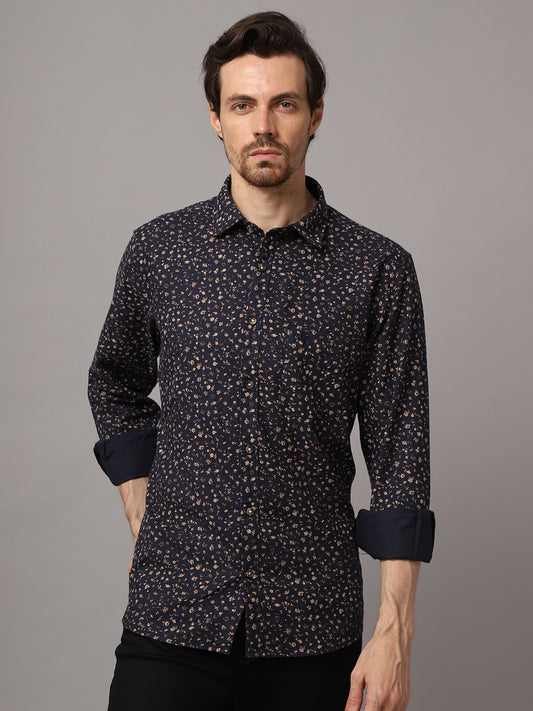 Cantabil Cotton Printed Navy Blue Full Sleeve Casual Shirt for Men with Pocket (7048383660171)