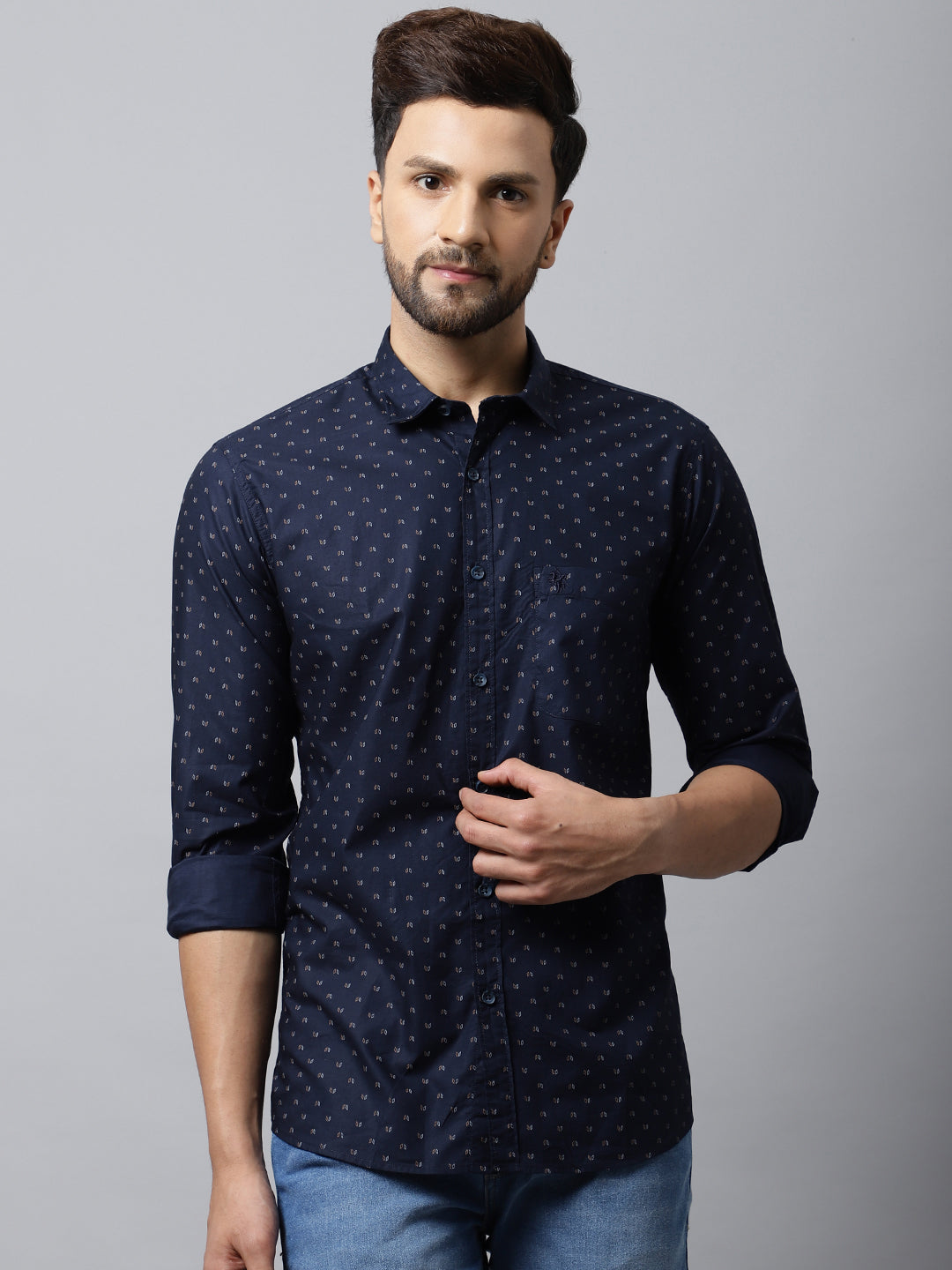 Cantabil Cotton Printed Navy Blue Full Sleeve Casual Shirt for Men with Pocket (7048383037579)