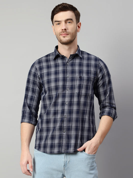 Cantabil Cotton Checkered Navy Blue Full Sleeve Casual Shirt for Men with Pocket (7114262904971)