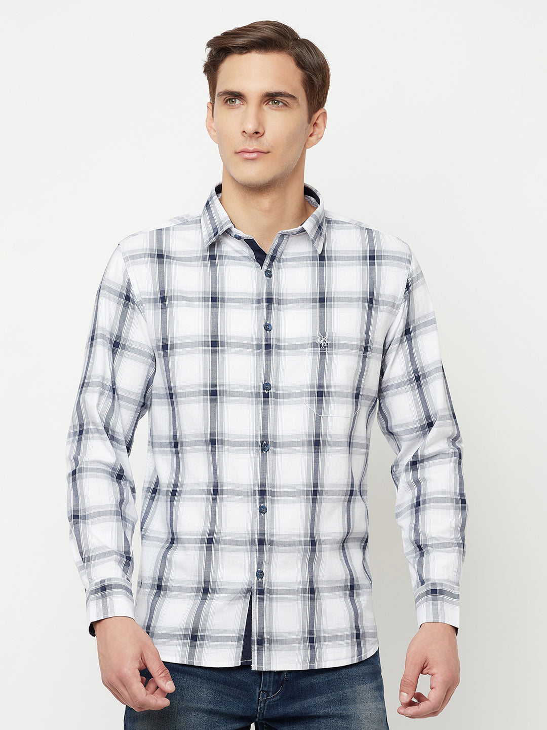 Cantabil Cotton Checkered White Full Sleeve Casual Shirt for Men with Pocket (6816201801867)