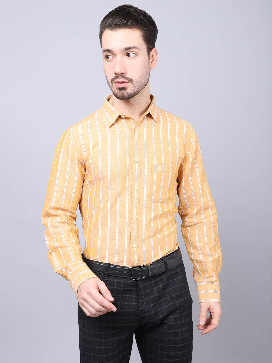 Cantabil Cotton Blend Striped Mustard Full Sleeve Casual Shirt for Men with Pocket (7048402469003)