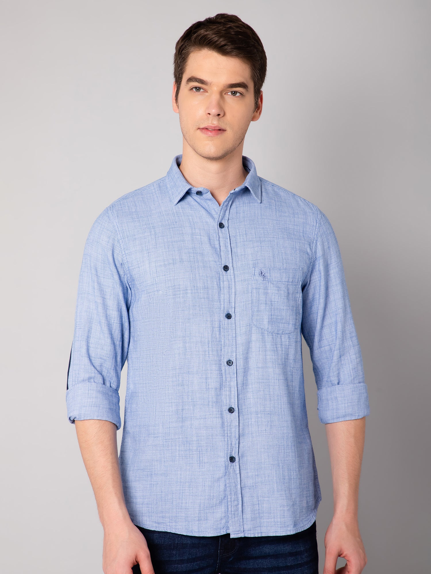 Cantabil Cotton Solid Sky Blue Full Sleeve Casual Shirt for Men with Pocket (7048379072651)