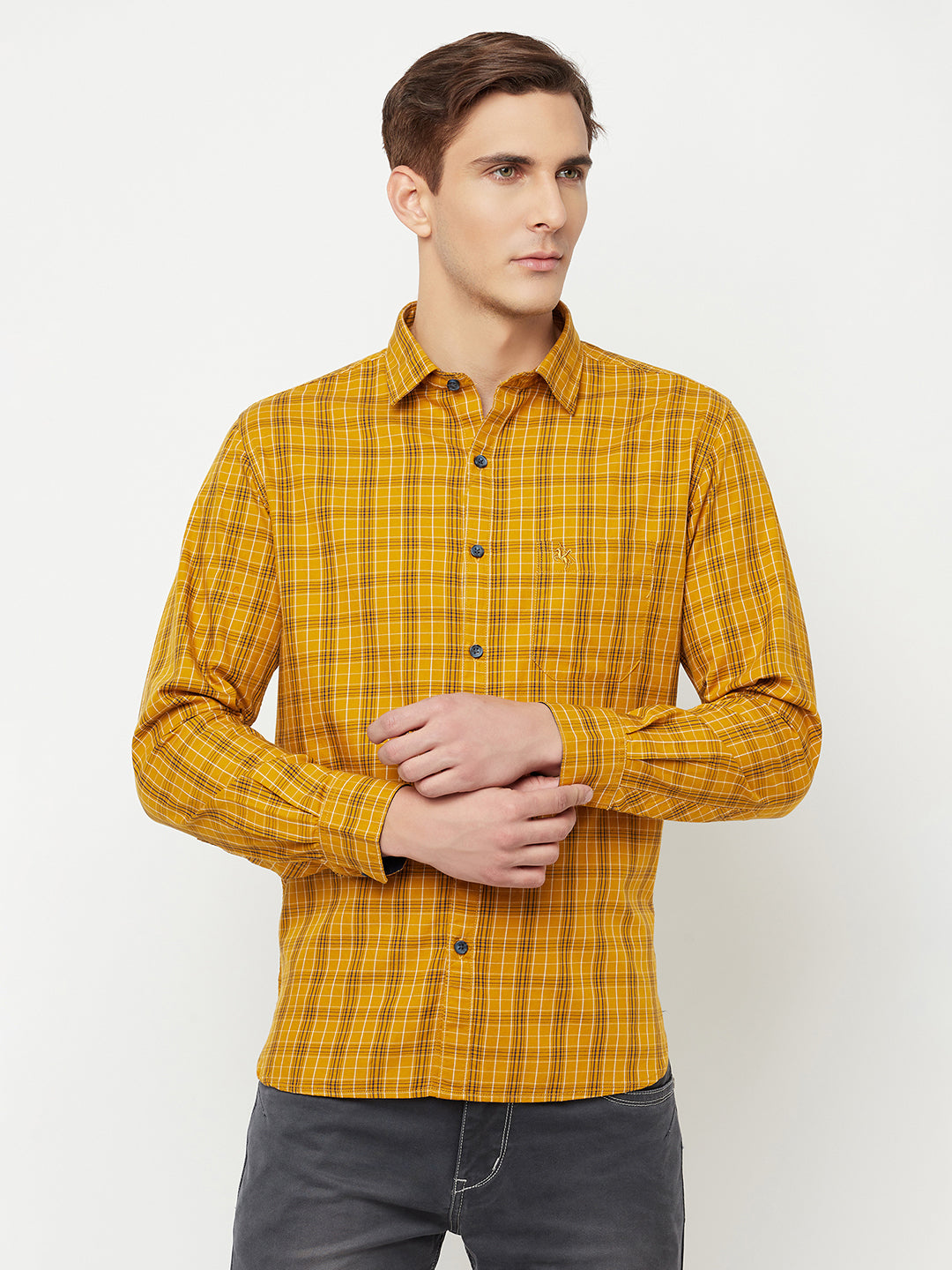 Cantabil Cotton Checkered Mustard Full Sleeve Casual Shirt for Men with Pocket (6816160809099)