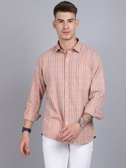 Cantabil Cotton Checkered Peach Full Sleeve Casual Shirt for Men with Pocket (6853774409867)